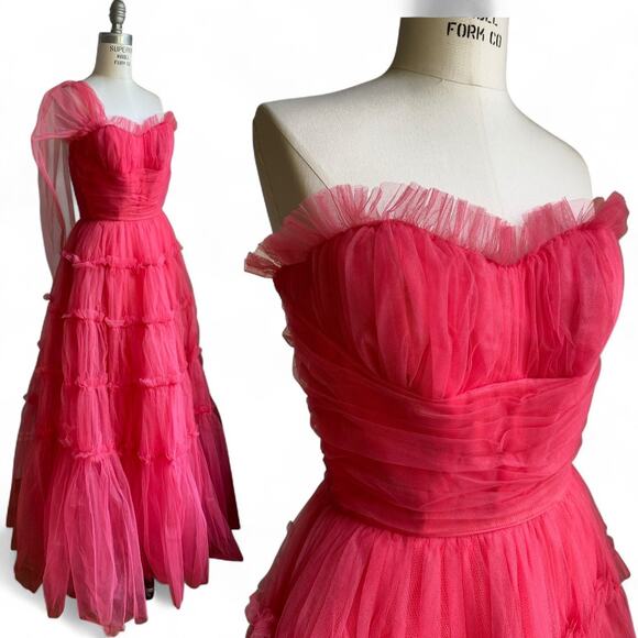 Vintage 1950s Hot Pink Strapless Tiered Tulle Princess Gown...